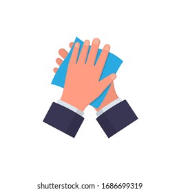 wipe your hands with an antiseptic cloth. wipe your hands with a damp cloth. observe personal hygiene. blue napkin in your hands .vector illustration isolated on white background.