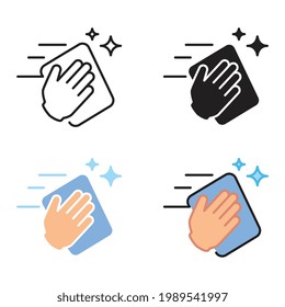 Wipe your hands with a cloth, rag or napkin. Clean hands after washing. Wipe and rag as cleaning or sanitize tool. Hand wiping with cloth icon. Vector illustration. Design on white background. EPS 10