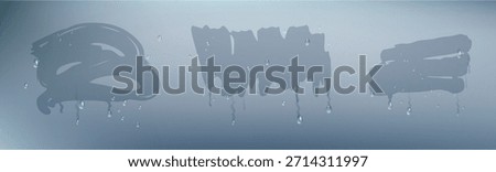 Wiped misted glass or mirror. Vector realistic, misty surface with condensation or vapor from bathroom. Window at winter, liquid drops falling down. Wipe stains made by hand or fingers