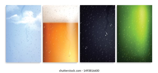 Wiped misted glass set of isolated vertical surfaces with drops and colourful backgrounds with different reflections vector illustration