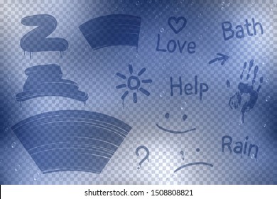 Wiped misted glass set on transparent background with words and curves with sun and heart signs vector illustration