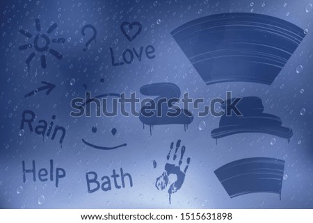 Wiped misted glass set with text and graphic inscriptions with silhouette signs on misty glass surface vector illustration
