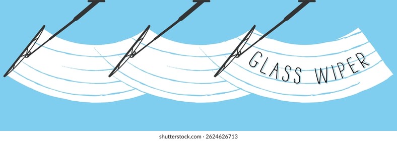 Wiper vector with front auto window and raindrop detail showing blurred road through windscreen in winter weather with isolated brush effect for driving safety and vehicle backdrop illustration

