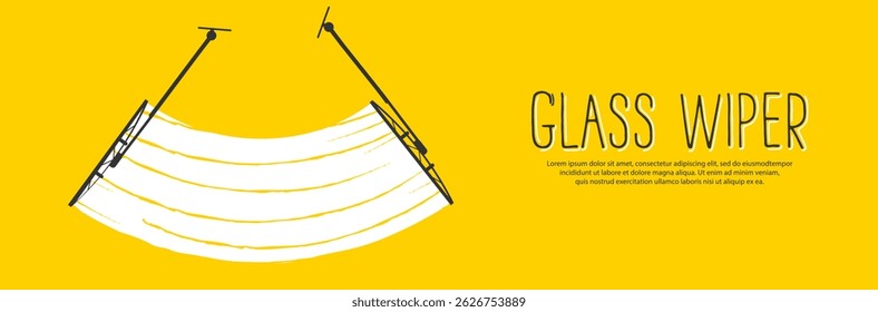 Wiper vector with front auto window and raindrop detail showing blurred road through windscreen in winter weather with isolated brush effect for driving safety and vehicle backdrop illustration

