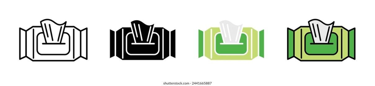 Wipes pack vector illustration set. Wet tissue box icon. Facial makeup wipes pack symbol. Baby towel paper wipes package icon for UI designs.