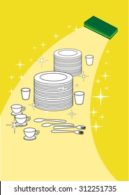 Wiping Away Dirt and Highlighting brand new kitchen plates and wares. Editable clip art.