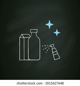 Icono de tiza de paquetes de comestibles borrados. Compras desinfectando. Compras seguras. Espacio de seguridad y medidas preventivas. Ilustración vectorial aislada en pizarra