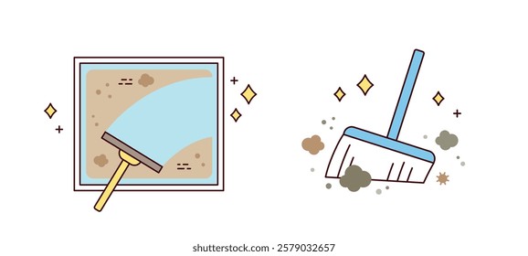 I'm wiping the dust off the windows with a squeegee and sweeping the dust with a broom. simple outline illustration.