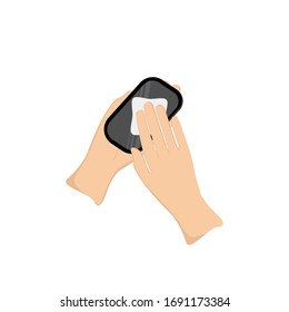 Limpie la pantalla del teléfono inteligente con un paño alcohólico para prevenir la infección del virus covid-19. Vector de diseño plano.