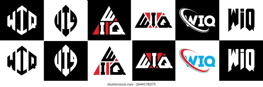 WIQ letter logo design in six style. WIQ polygon, circle, triangle, hexagon, flat and simple style with black and white color variation letter logo set in one artboard. WIQ minimalist and classic logo