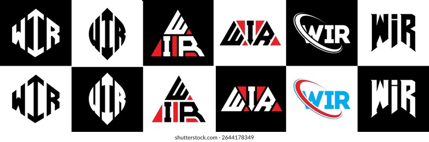 WIR letter logo design in six style. WIR polygon, circle, triangle, hexagon, flat and simple style with black and white color variation letter logo set in one artboard. WIR minimalist and classic logo