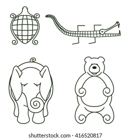 Wire Animals. A turtle, crocodile, elephant and bear done in a linear bent wire fashion