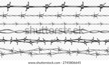 Wire barb border fence vector set - frame designs with isolated metal elements. Sharp spike patterns and military style razor wire illustrations for security and prison themed projects.
