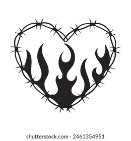 Wire Barb heart frame y2k tattoo border with flame silhouette gothic spiky punk print neo tribal isolated on white background. Barbwire emo boundary heart shape.