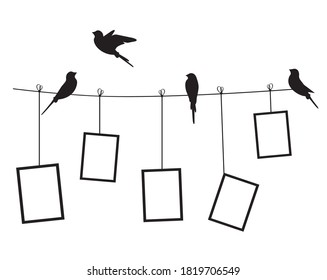 Wire with birds and picture frames hang on, vector. Wall decals, black and white wall art isolated on white background. Minimalist artwork