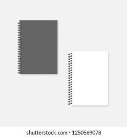 Wire bound blank A4 notebook, realistic vector mock-up. Spiral diary -  gray cover and clear white page, mockup.