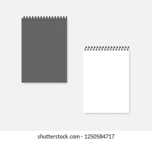 Wire bound blank A4 notebook, realistic vector mock-up. Top spiral diary -  gray cover and clear white page, mockup.