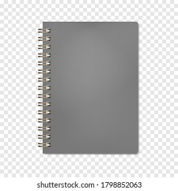 Wire bound closed notebook on transparent background, realistic vector mockup. Golden metal spiral notepad, mock-up. Blank diary cover, template.