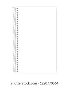 Wire bound empty notebook isolated on white background template. Spiral coil spring blank notepad legal paper format. Vector mock-up.