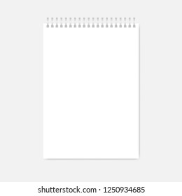 Wire bound empty white A4 notebook template. Blank page mock-up. Light silver top spiral notebook, realistic vector mockup.