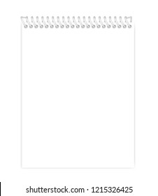 Wire bound empty white note book template. Blank page mockup. Top spiral notebook letter paper format. Vector mock-up.