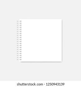 Wire bound empty white square notebook template. Blank page mock-up. Light silver spiral notebook, realistic vector mockup.
