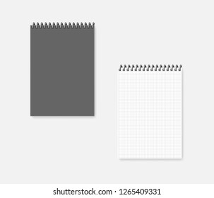 Wire bound grid lined A4 notebook, realistic vector mock-up. Top spiral squared paper diary -  gray cover and white page, mockup.