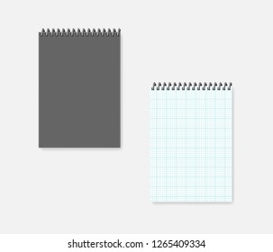 Wire bound grid lined A4 notebook, realistic mock-up. Top spiral cross section squared paper note book -  cover and page, mockup.