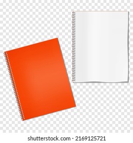 Wire bound notebook cover and white blank page on transparent background vector mockup. Metal spiral notepad mock-up