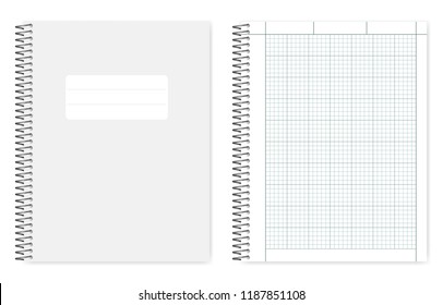 Wire bound quad ruled cross section notebook, realistic vector mockup. Metal spiral binding note book, mock up. Loose leaf letter format copybook, template