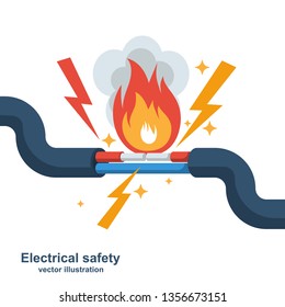 Wire is burning. Fire wiring. Faulty damaged cable. Fire from overload. Electrical safety concept. Vector illustration flat design. Short circuit electrical circuit. Broken electrical connection.