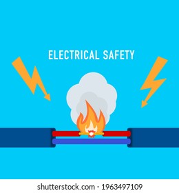 Wire is burning. Fire wiring. Faulty damaged cable. Electrical safety concept.