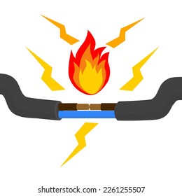 Wire is burning. Fire wiring. Faulty damaged cable. Fire from overload. Electrical safety concept. Vector illustration flat design. Short circuit electrical circuit. Broken electrical connection.