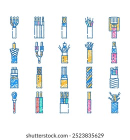 wire cable cord doodle icons set vector. sketch line art electrical technology, electric connection, network energy, power copper, black wire cable cord color illustrations