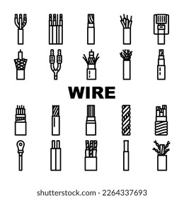 wire cable cord icons set vector. electrical technology, electric connection, network energy, power copper, black wire cable cord black contour illustrations