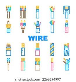 iconos de cable de cable de cable de cable conjunto vector. tecnología eléctrica, conexión eléctrica, energía de red, cobre de potencia, ilustraciones de la línea de color del cable de cable de cable negro