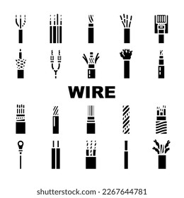 wire cable cord icons set vector. electrical technology, electric connection, network energy, power copper, black wire cable cord glyph pictogram Illustrations