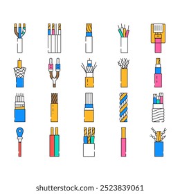 fio cabo ícones cabo conjunto vetor. tecnologia elétrica, conexão elétrica, energia de rede, cobre de energia, fio preto cabo cabo fio cor Contorno Ilustrações