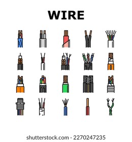 wire cable technology connection icons set vector. electrical cord, network line, power communication, energy electric, internet supply wire cable technology connection color line illustrations