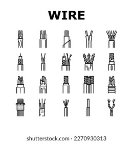wire cable technology connection icons set vector. electrical cord, network line, power communication, energy electric, internet supply wire cable technology connection black contour illustrations