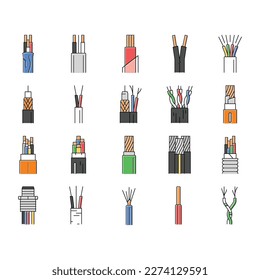 wire cable technology connection icons set vector. electrical cord, network line, power communication, energy electric, internet supply wire cable technology connection color line illustrations