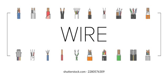 wire cable technology connection icons set vector. electrical cord, network line, power communication, energy electric, internet supply wire cable technology connection color line illustrations