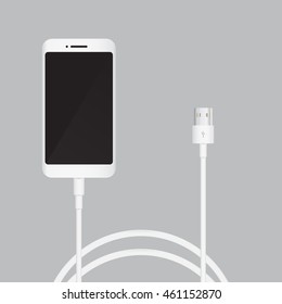 Wire Cable white smart phone  charger usb data  flat design, top view, vector illustration