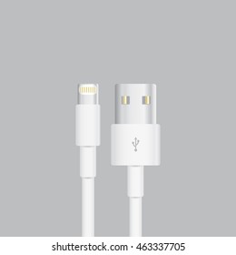Wire Cable white usb  smart phone  charger data  flat design, top view, vector illustration
