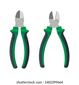 Wire cutters open and close isolated on white background. Builder, construction and repair hand tools with plastic handles. Realistic side cutters vector illustration