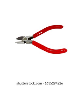 Wire cutting pliers have sharp edges as steel and rust marks.while the handle is red plastic that has burns through use, placed on a white background.