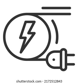 Wire with an electric plug is wound on a drum with lightning - vector sign, web icon, illustration on a white background, outline style