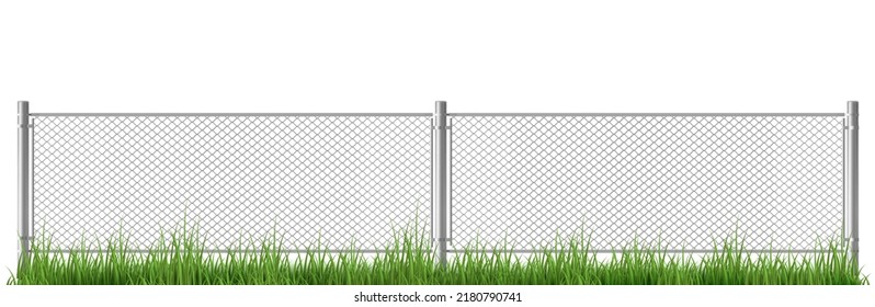 Alambre con puertas sobre hierba verde. Malla de eslabón de cadena metálica, barrera aislada sobre fondo blanco. Rabitz, segmentos de protección perimetral separados por polos, ilustración vectorial 3d realista