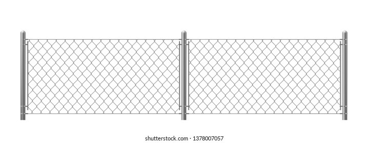 Wire fence isolated on white background. Two segments rabitz gate with rhombus cell, perimeter protection barrier construction separated with poles. metal steel grid. Realistic 3d vector illustration.