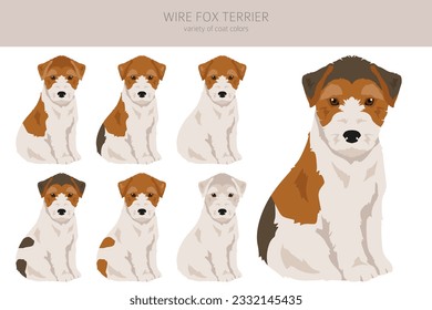 Wire Fox Terrier Welpen Clipkunst. Unterschiedliche Posen, Farben für die Fellfarbe.  Vektorgrafik